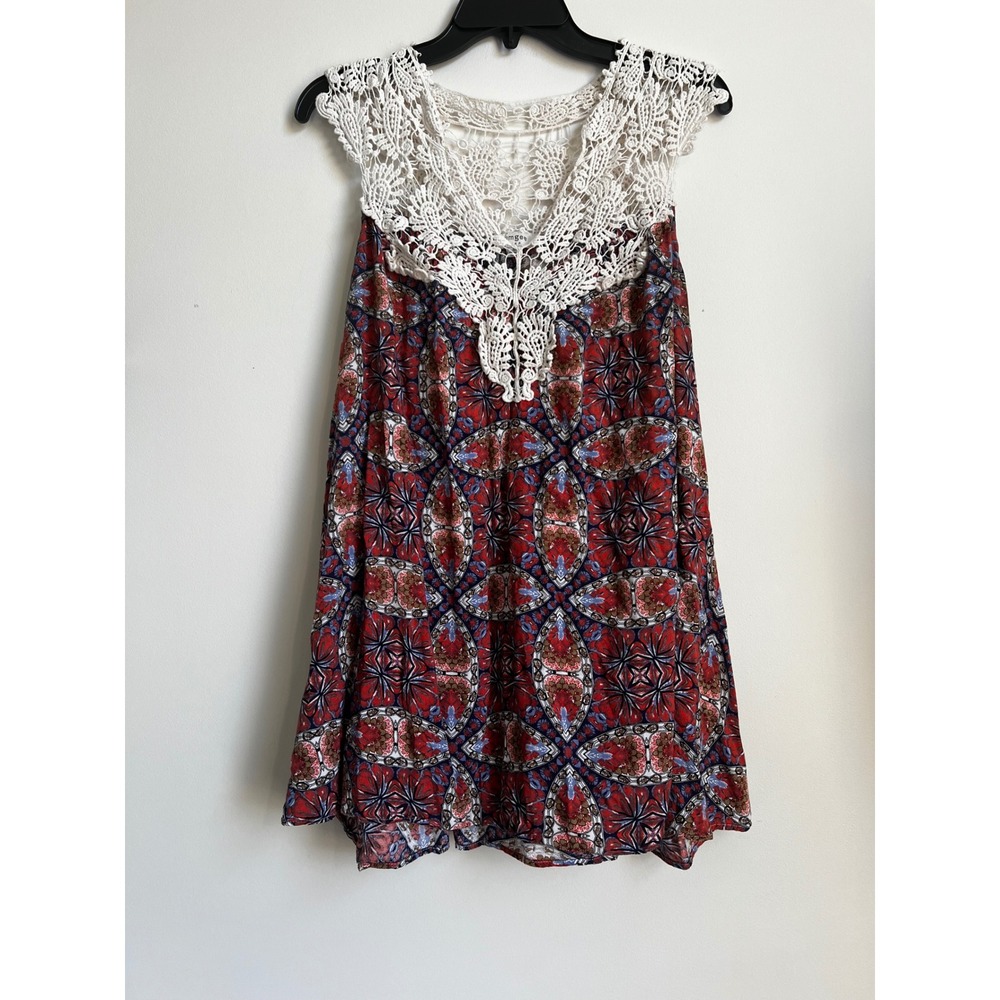 Umgee Bohemian Crochet Mini Dress Sleeveless Red Blue Floral Women's M